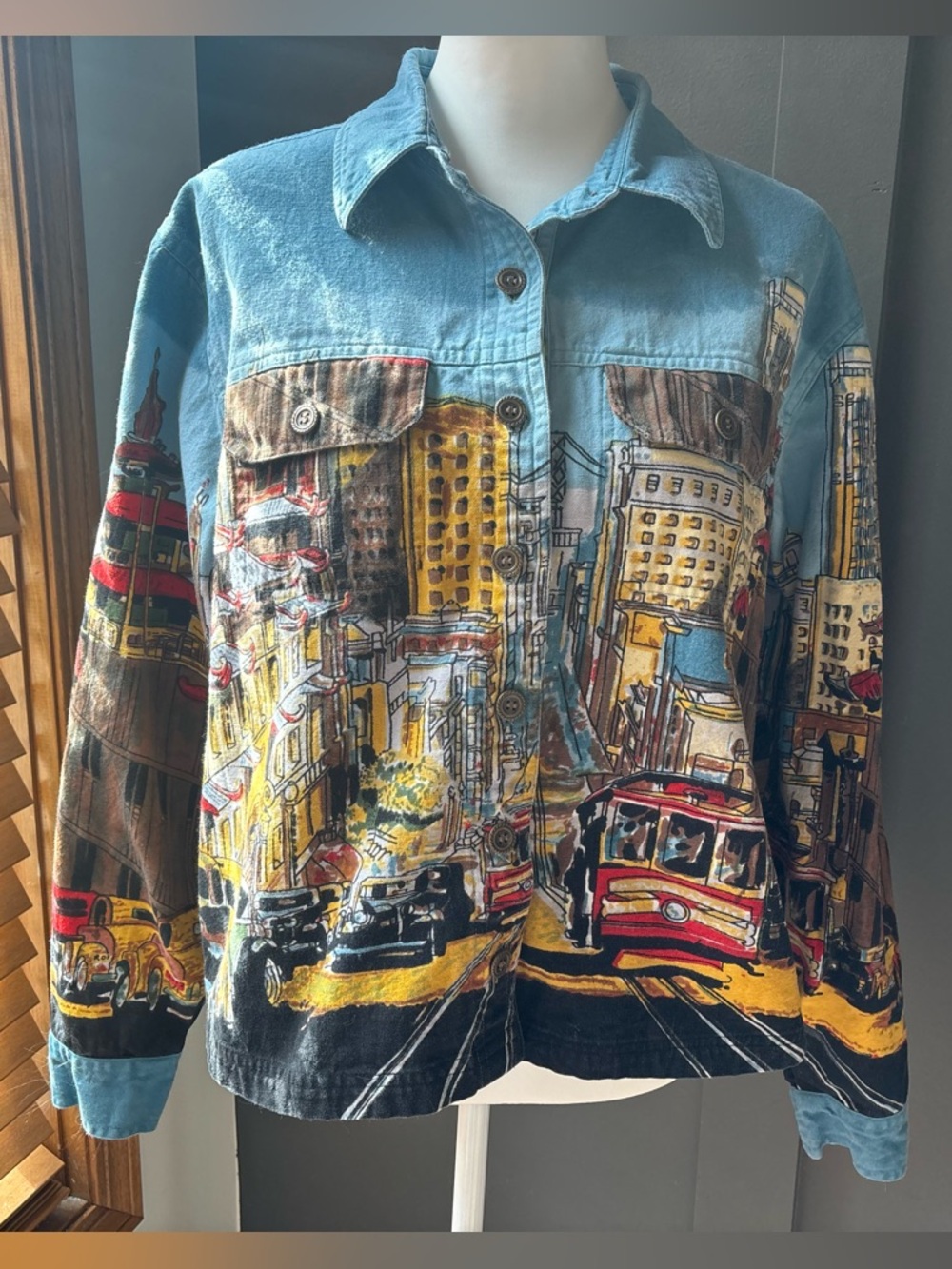 Artscapes San Francisco Trolley Print Button Up Shirt Vintage Graphic Cotton L